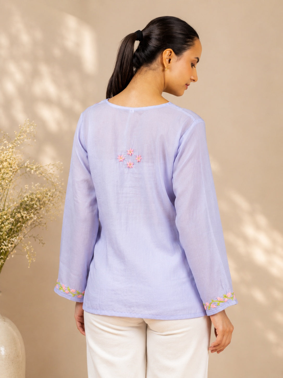 Gharana India Modal Lavender Top With Chikankari In Coloured Thread - Dista