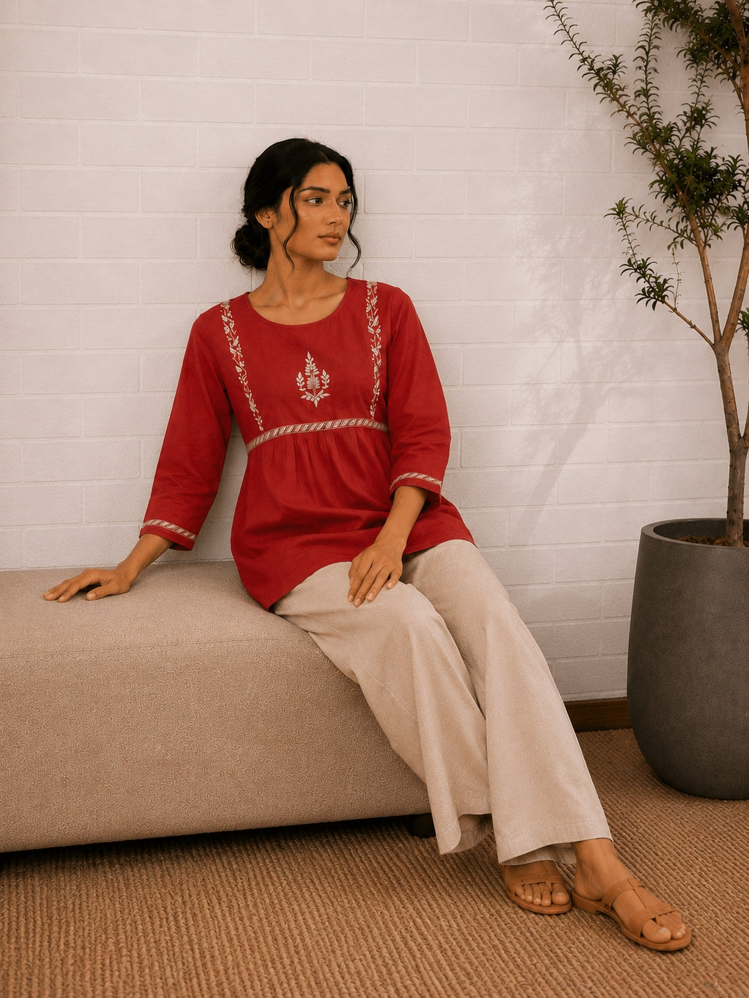 Gharana India Saheba Chikankari Red Cotton Top - Dista