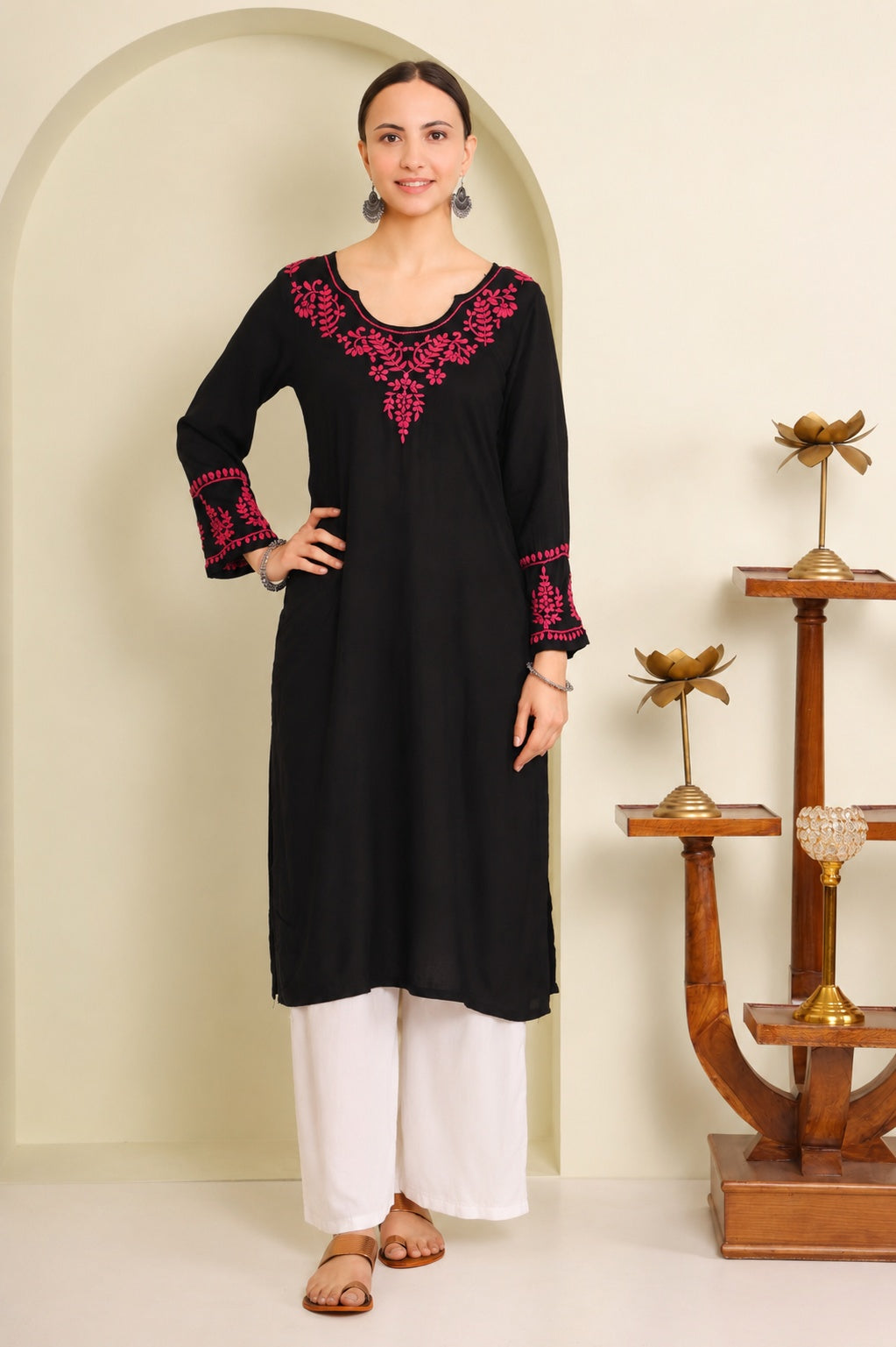 Gharana India Half Modal Black Chikankari Kurta With Pink Coloured Thread Embroidery - Dista