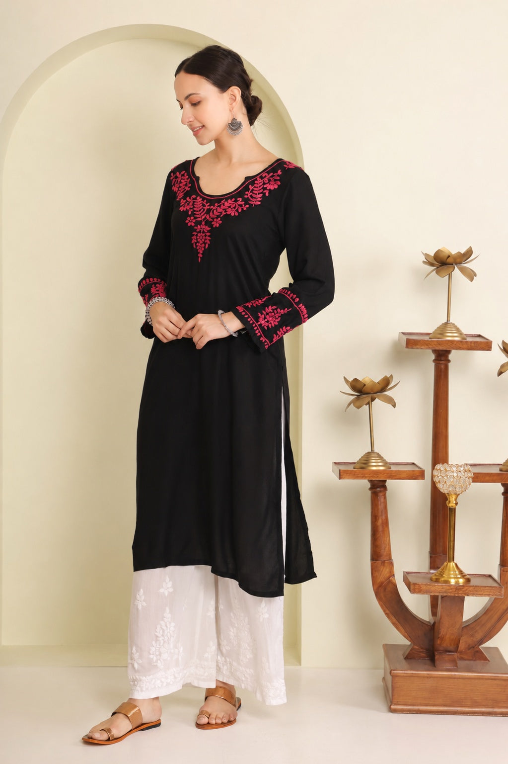 Gharana India Half Modal Black Chikankari Kurta With Pink Coloured Thread Embroidery - Dista