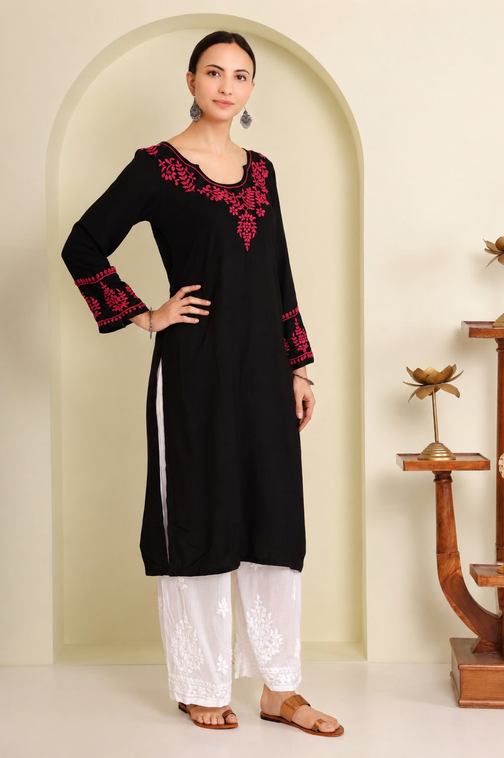Gharana India Half Modal Black Chikankari Kurta With Pink Coloured Thread Embroidery - Dista