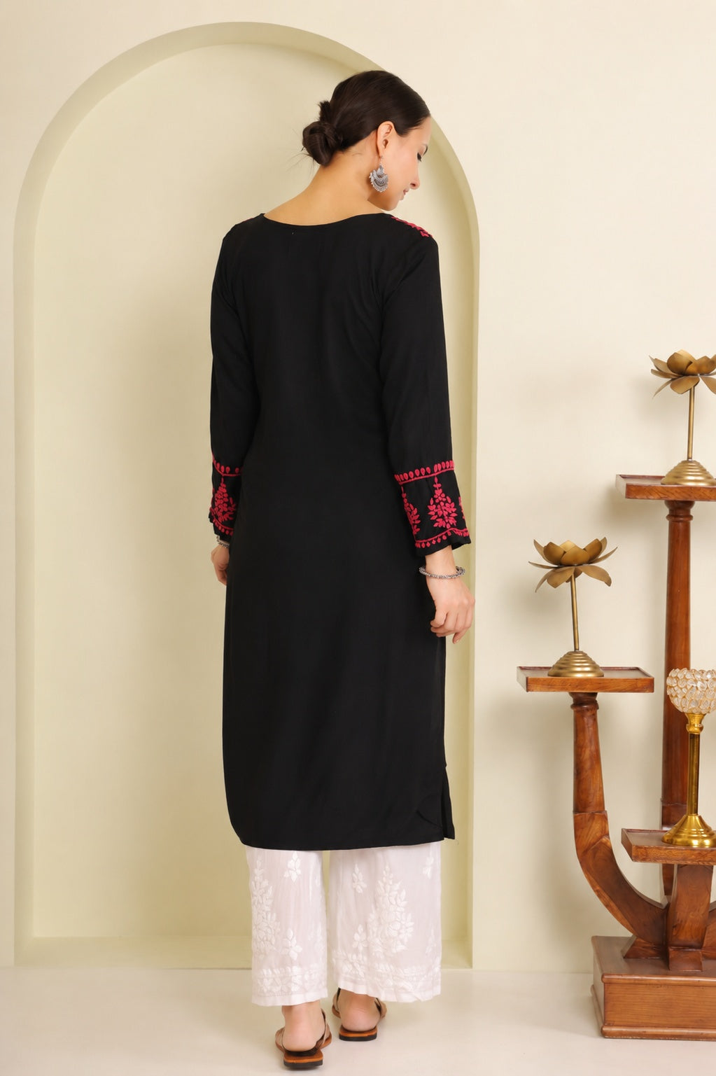 Gharana India Half Modal Black Chikankari Kurta With Pink Coloured Thread Embroidery - Dista