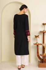 Thumbnail for Gharana India Half Modal Black Chikankari Kurta With Pink Coloured Thread Embroidery - Dista