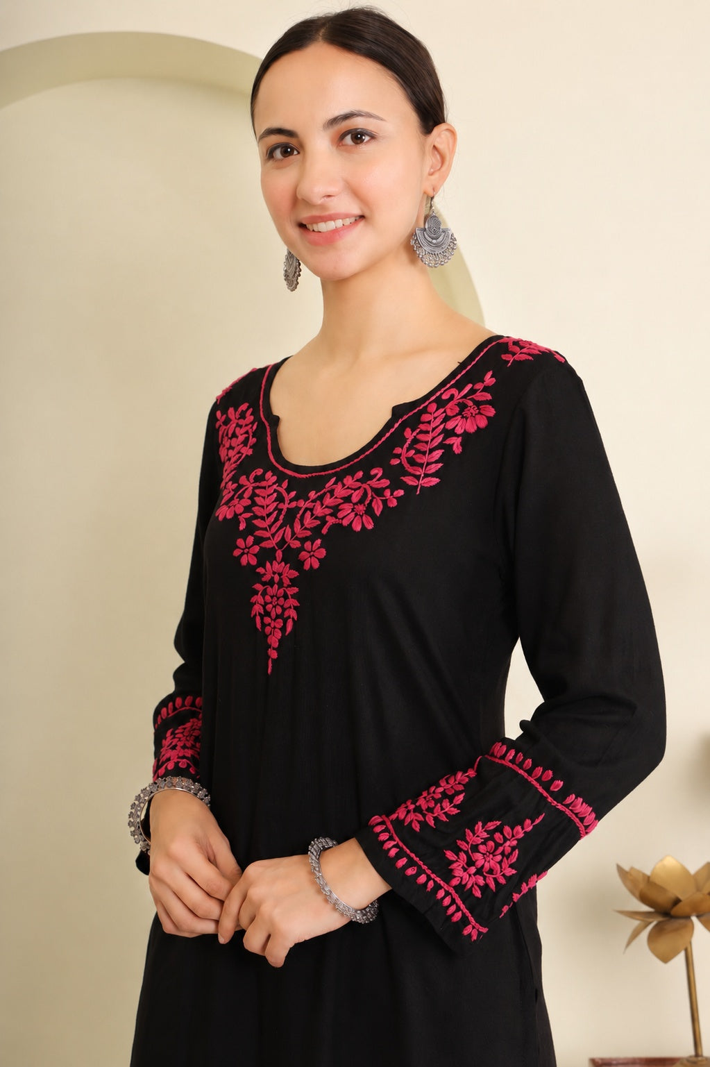 Gharana India Half Modal Black Chikankari Kurta With Pink Coloured Thread Embroidery - Dista