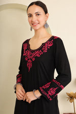 Thumbnail for Gharana India Half Modal Black Chikankari Kurta With Pink Coloured Thread Embroidery - Dista