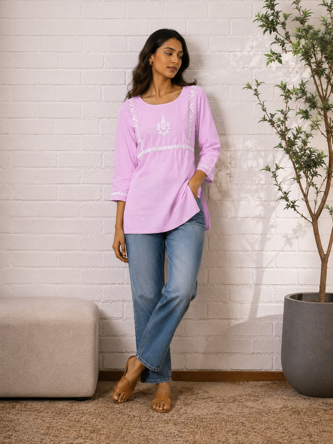 Gharana India Saheba Chikankari Lavender Cotton Top - Dista