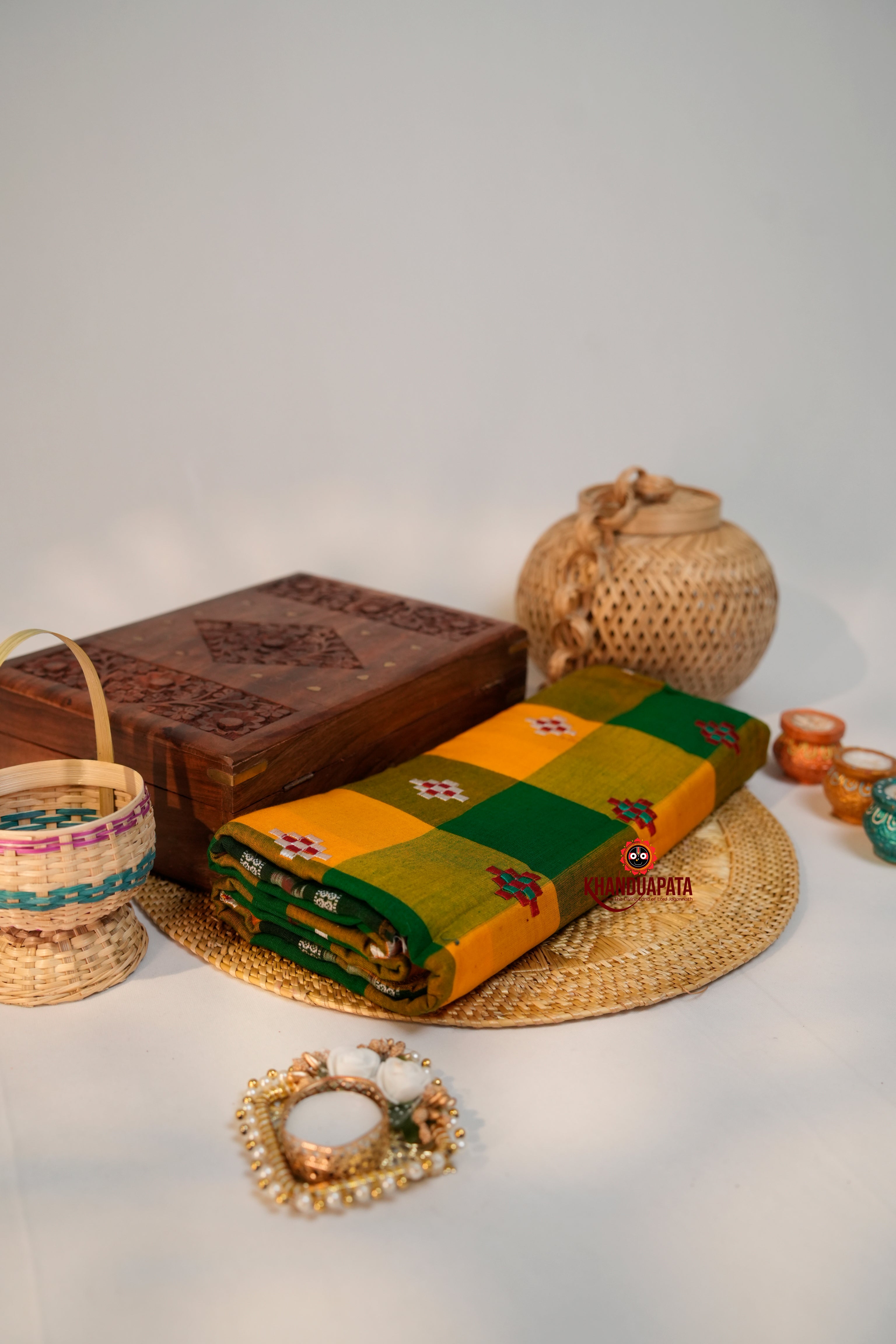 khanduapata Green & Orange Colour Check Design Cotton Saree For Women