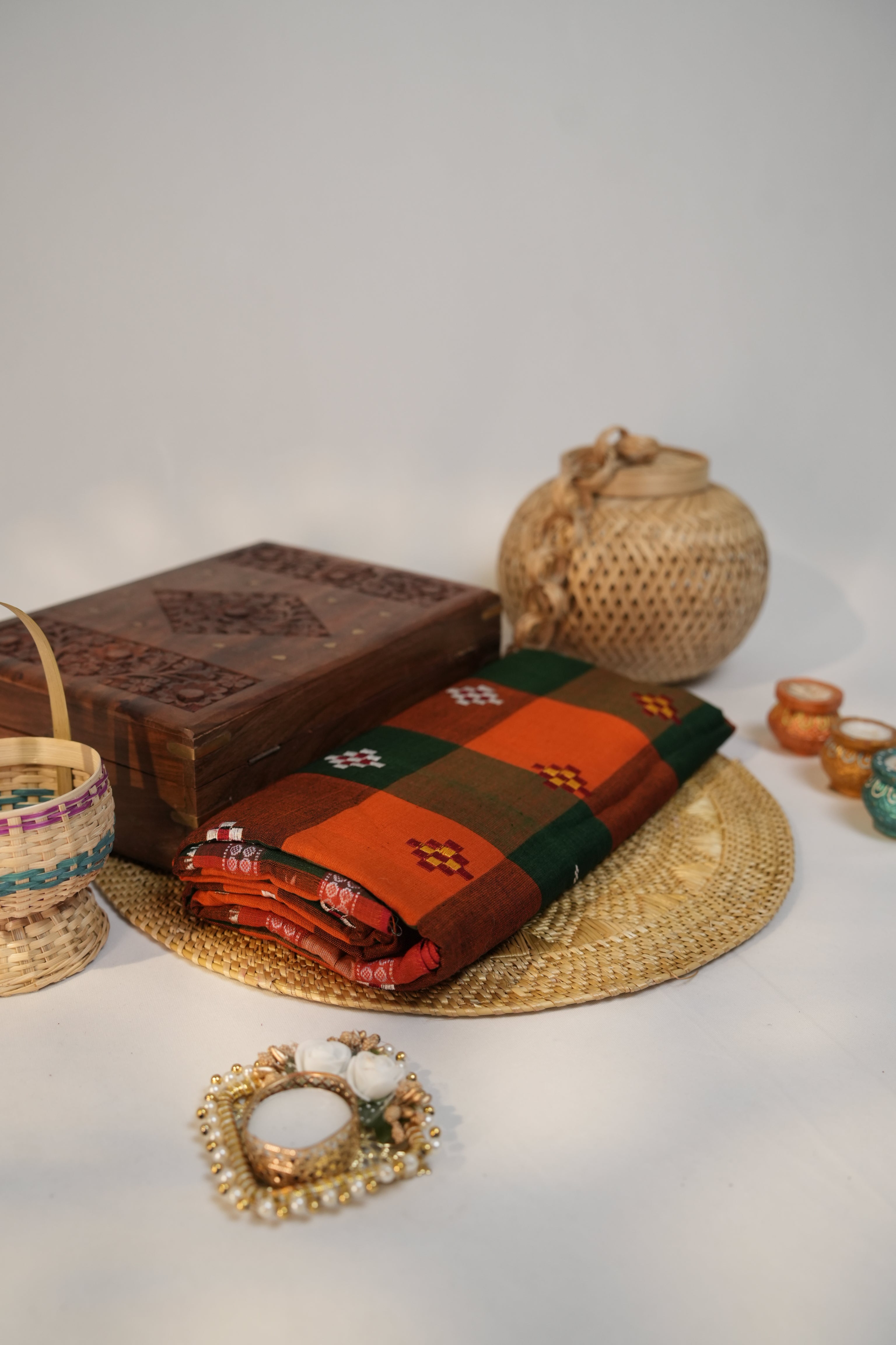 khanduapata Orange & Green Colour Check Design Cotton Saree For Women