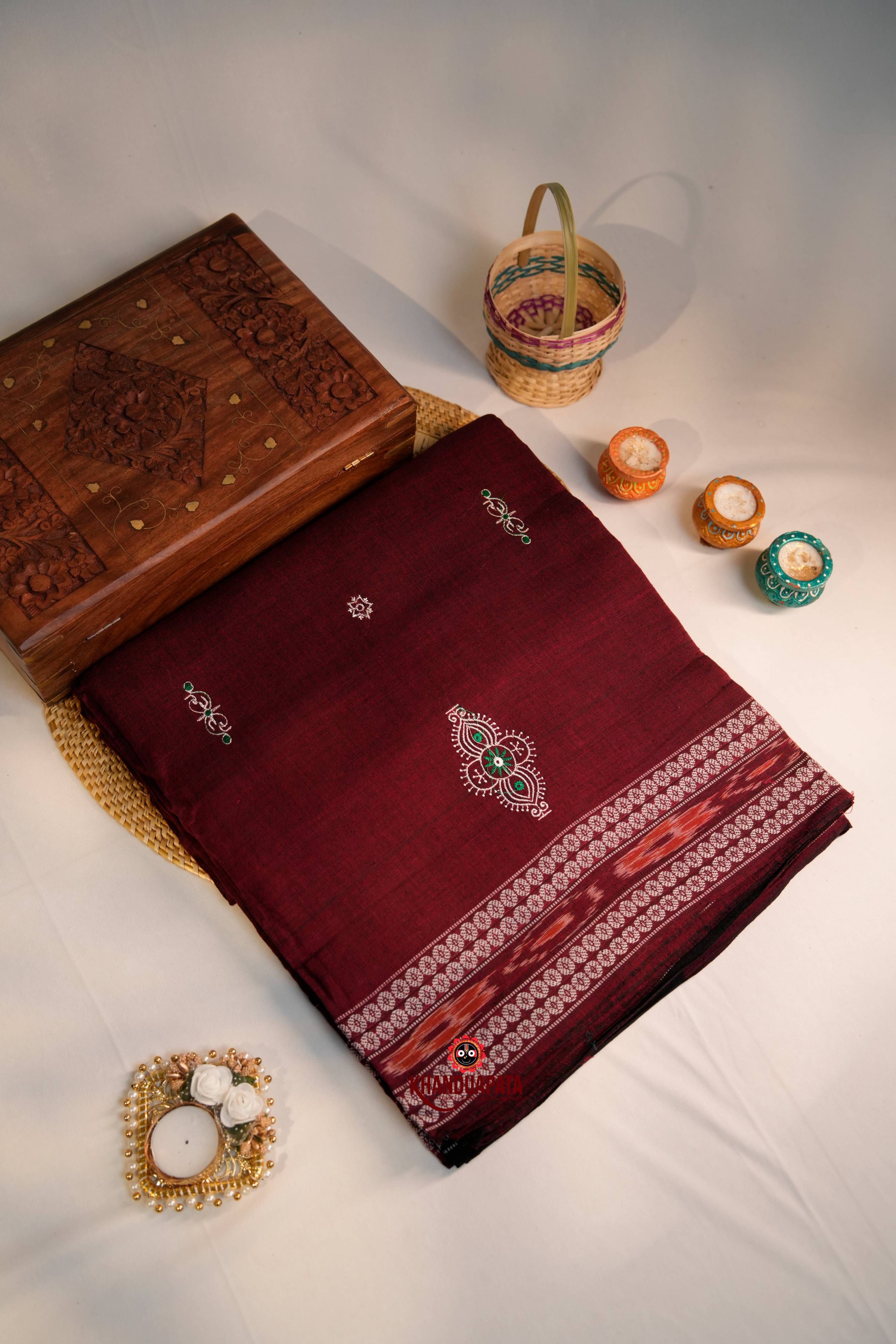 khanduapata Maroon & Green Colour Design Cotton Saree For Women