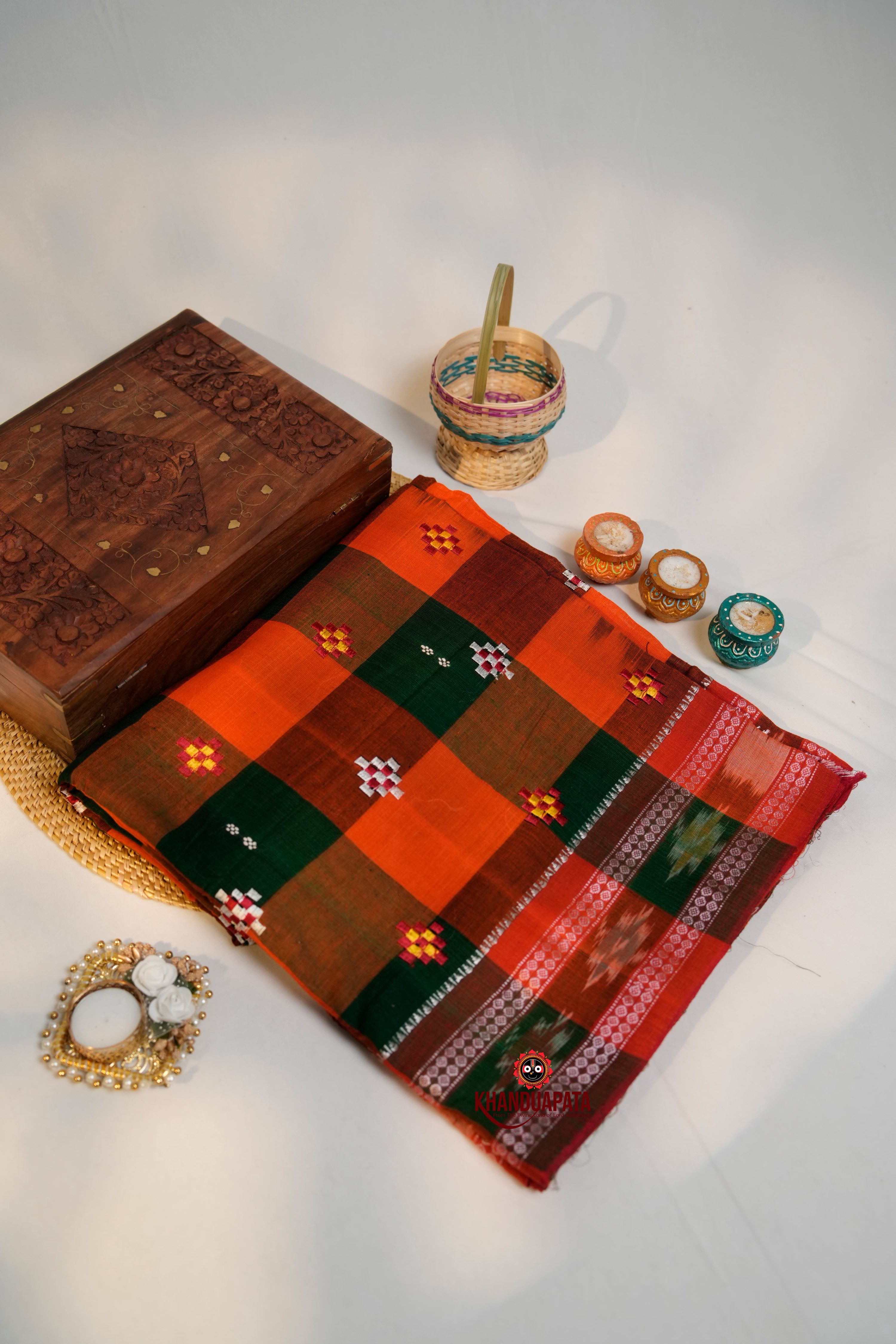 khanduapata Orange & Green Colour Check Design Cotton Saree For Women