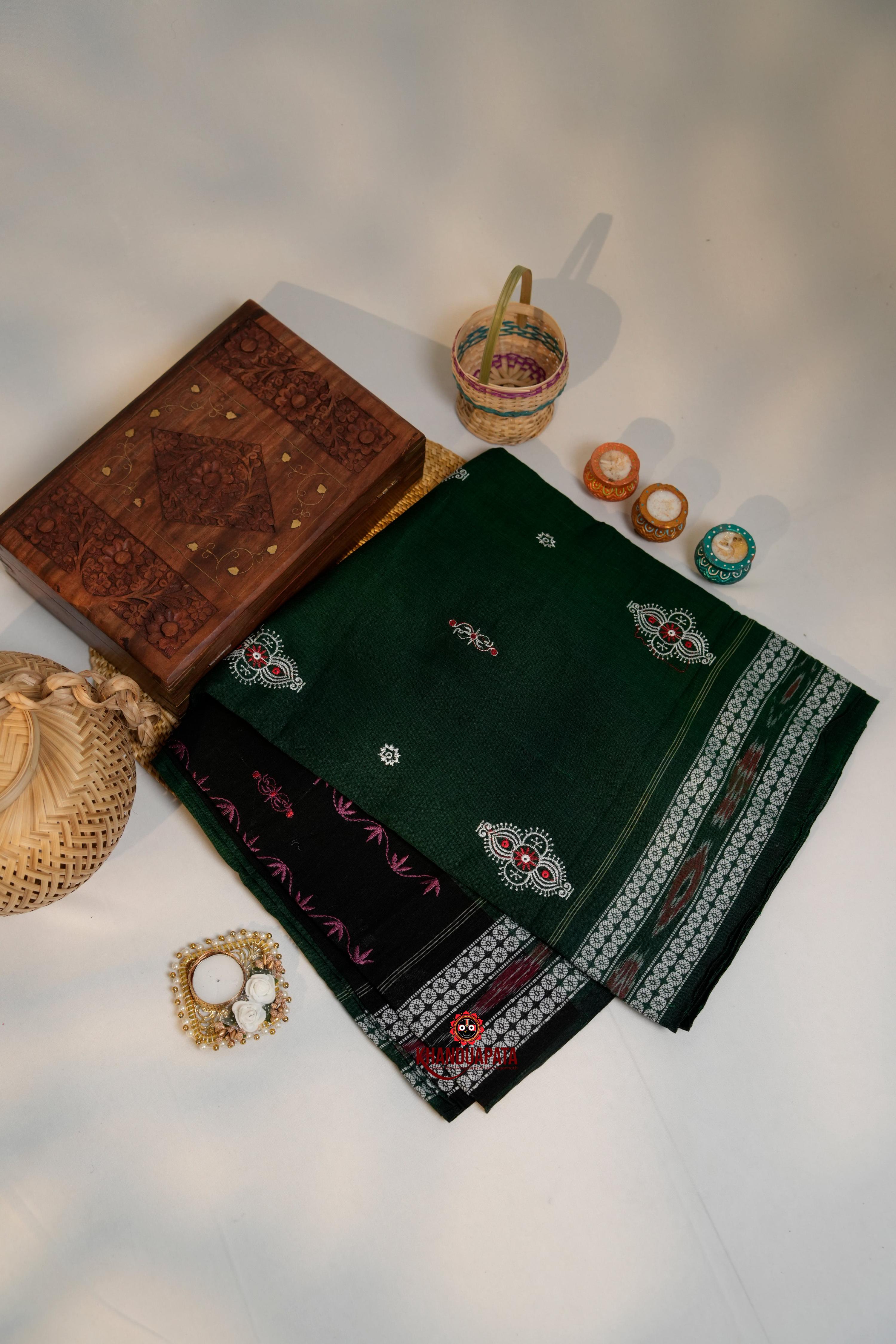 khanduapata Green & Black Embroidery Design Cotton Saree For Women