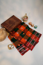 Thumbnail for khanduapata Orange & Green Colour Check Design Cotton Saree For Women