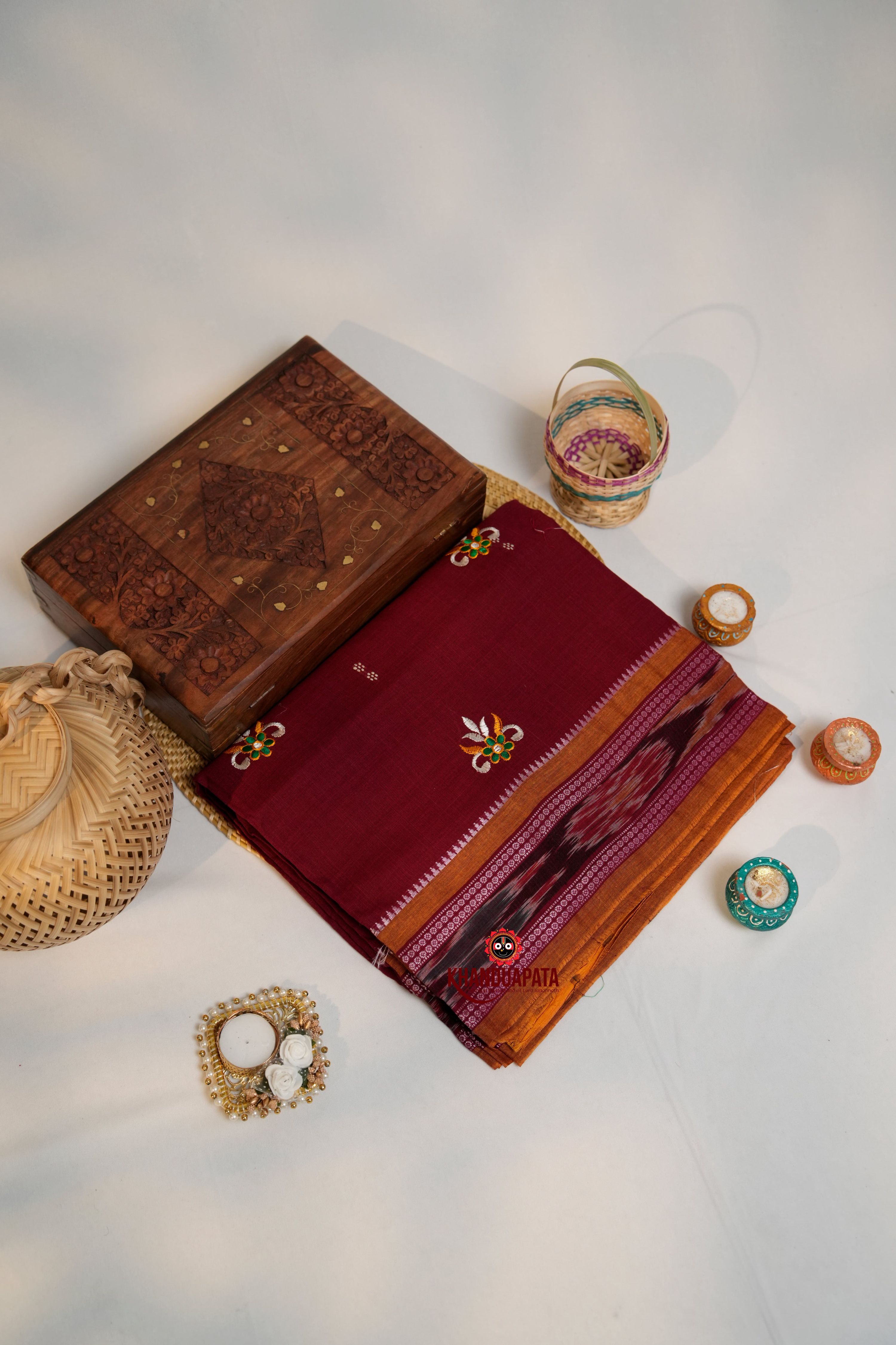 khanduapata Maroon Colour Flower Design Cotton Saree For Women