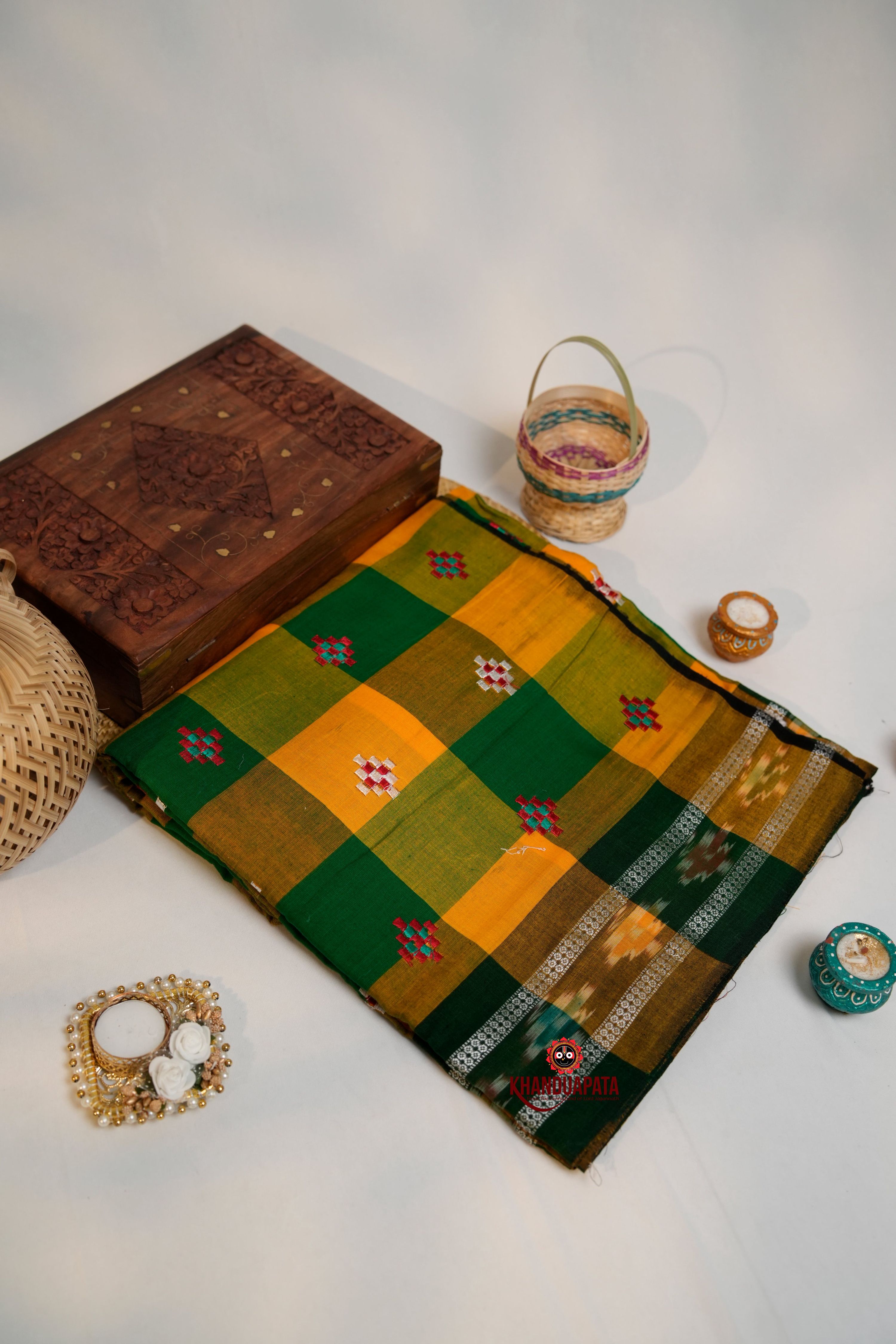 khanduapata Green & Orange Colour Check Design Cotton Saree For Women