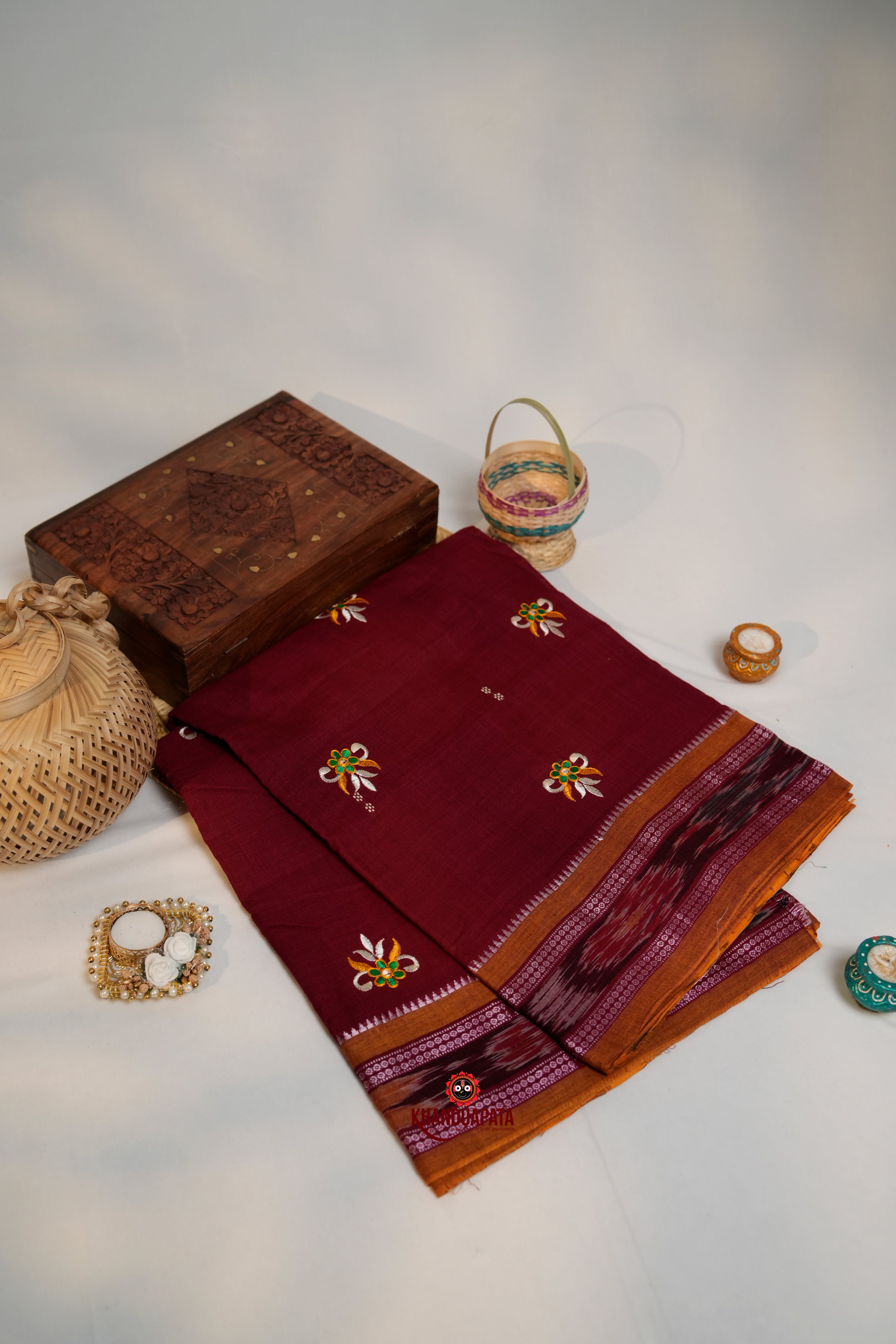 khanduapata Maroon Colour Flower Design Cotton Saree For Women
