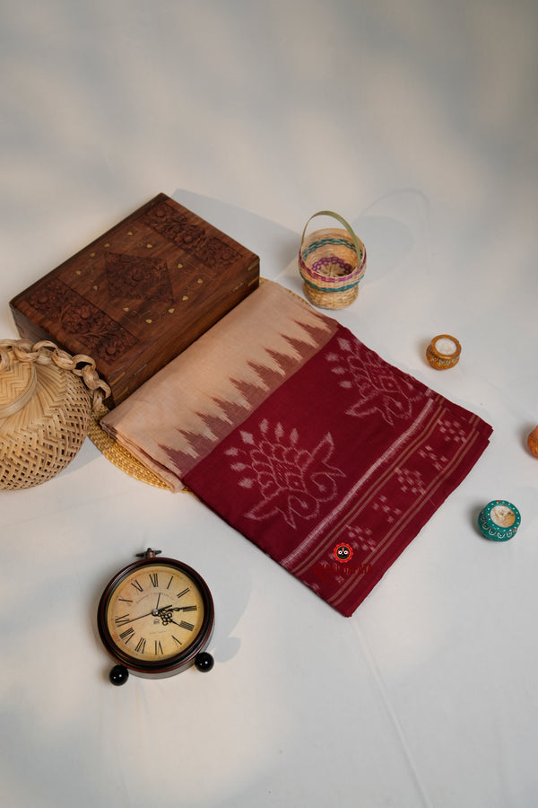 khanduapata Brown & Red Plain Pasapali Border Cotton Saree For Women