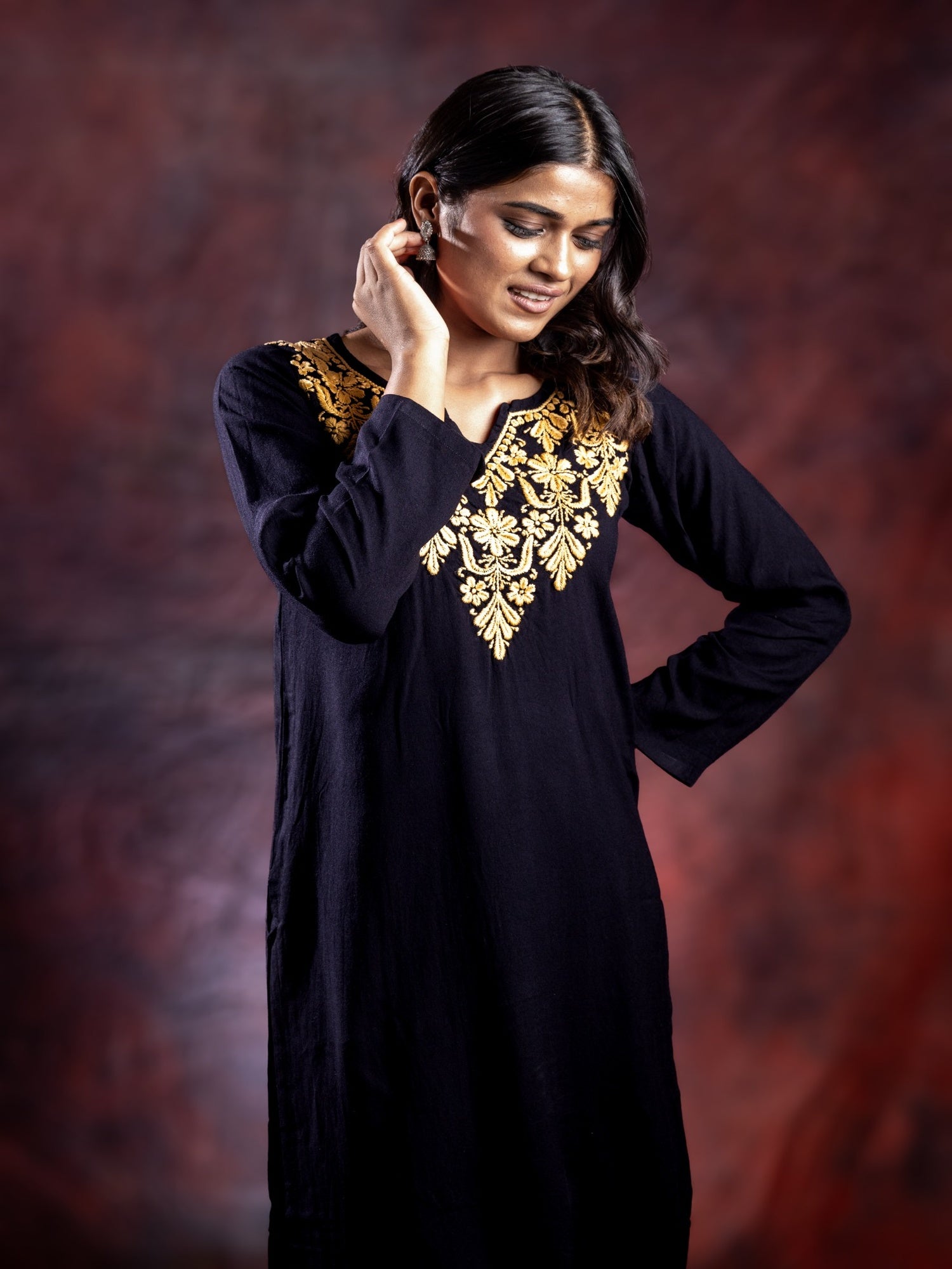 Gharana India Ishq Rayon Black Chikankari Kurta - Dista
