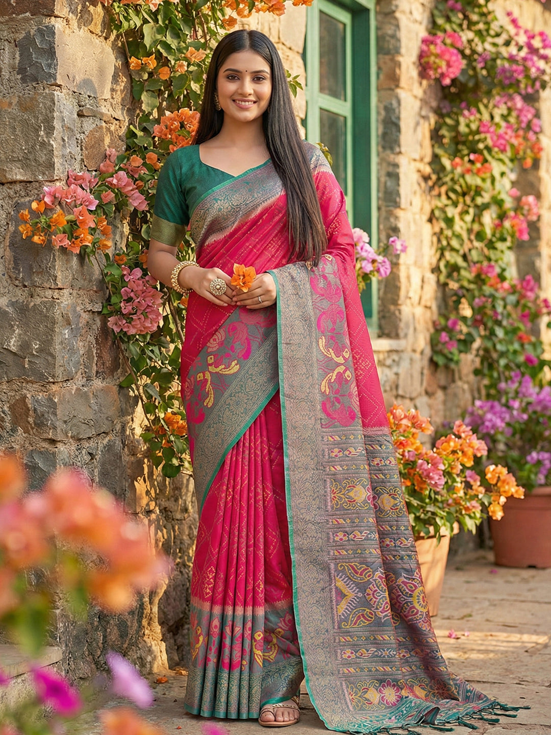 Anaita Coral Pochampally Printed Saree With Blouse - Distacart