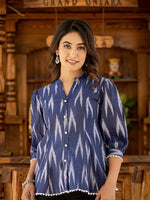 Thumbnail for Yufta Cotton Blue Ikat Print Puffed Sleeve Tops - Distacart