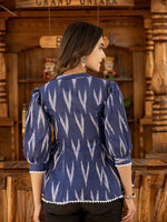 Thumbnail for Yufta Cotton Blue Ikat Print Puffed Sleeve Tops - Distacart