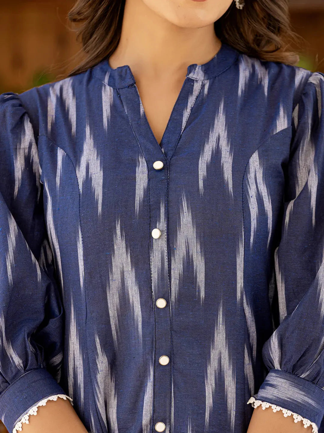 Yufta Cotton Blue Ikat Print Puffed Sleeve Tops - Distacart