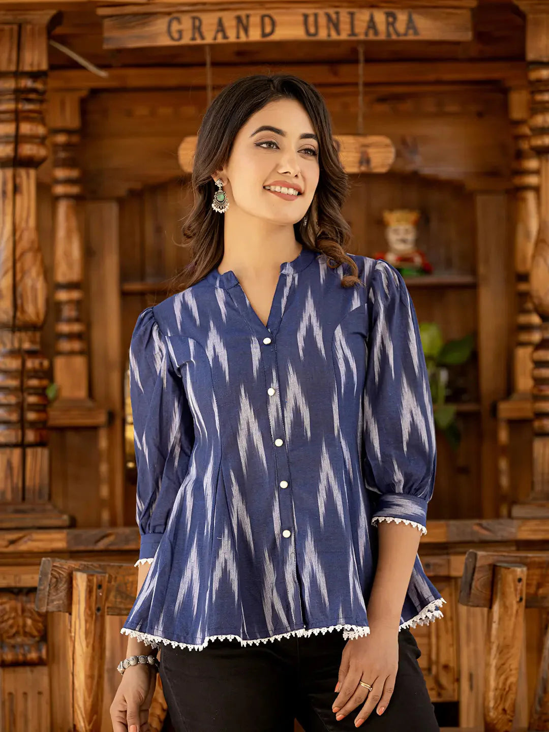 Yufta Cotton Blue Ikat Print Puffed Sleeve Tops - Distacart