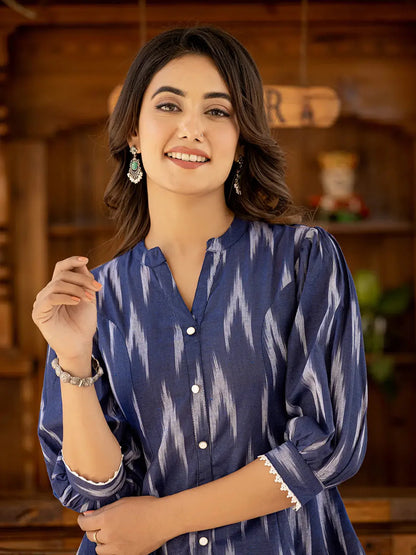 Yufta Cotton Blue Ikat Print Puffed Sleeve Tops - Distacart