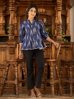Thumbnail for Yufta Cotton Blue Ikat Print Puffed Sleeve Tops - Distacart