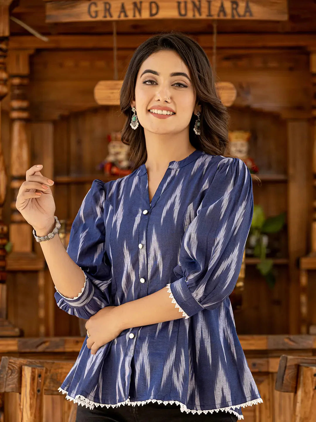 Yufta Cotton Blue Ikat Print Puffed Sleeve Tops - Distacart