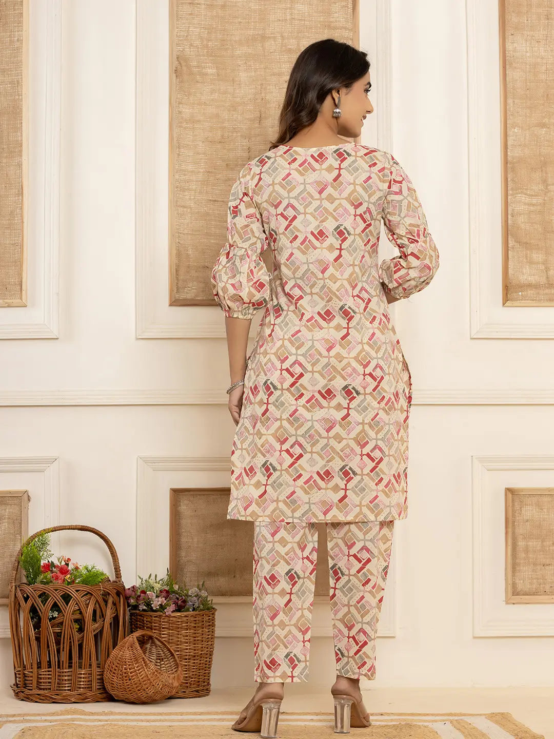 Yufta Cotton Cream Geometric Print Co-Ord Set