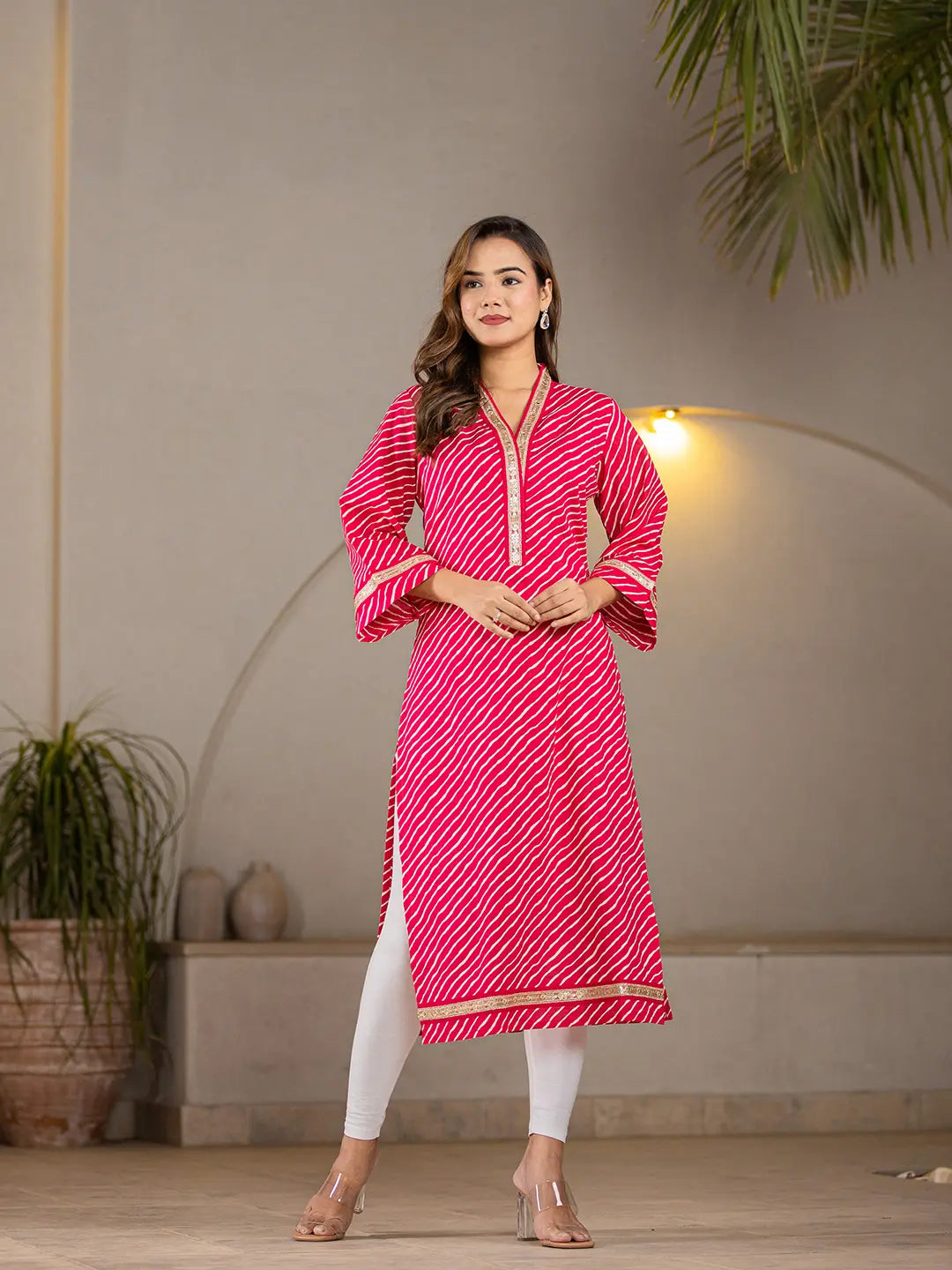 Yufta Cotton Hot Pink Leheriya Kurta - Distacart