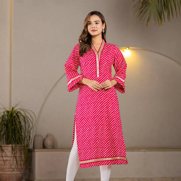 Yufta Cotton Hot Pink Leheriya Kurta - Distacart
