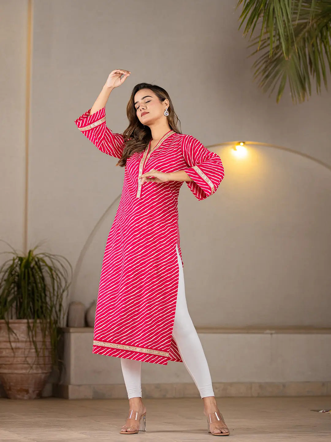 Yufta Cotton Hot Pink Leheriya Kurta - Distacart