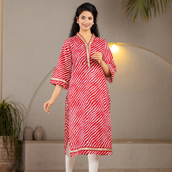 Yufta Cotton Red Leheriya Kurta - Distacart