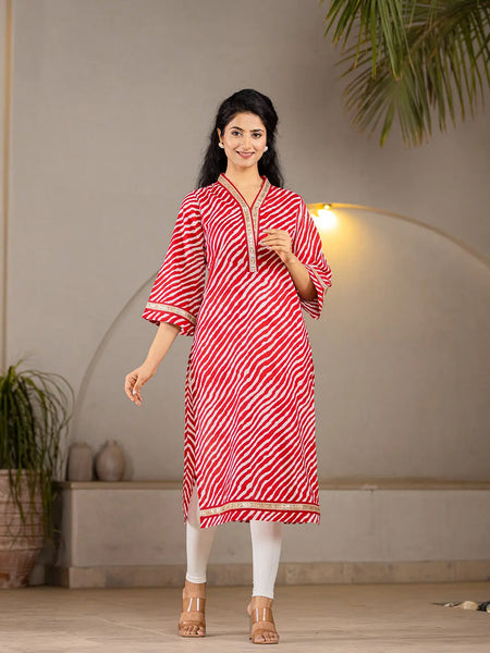 Yufta Cotton Red Leheriya Kurta