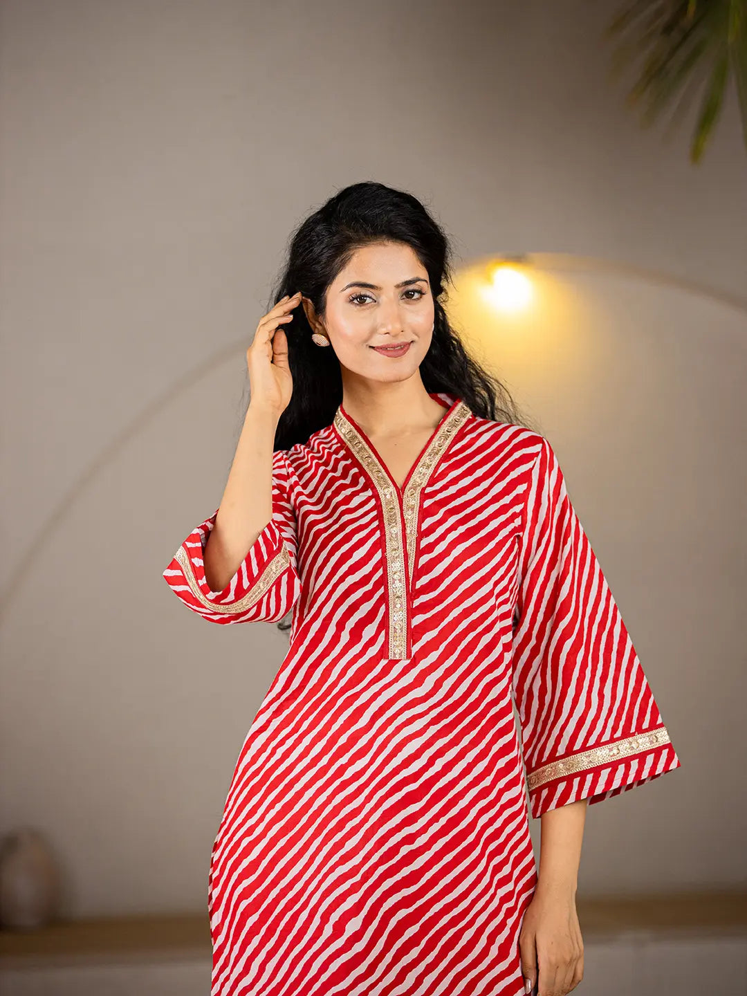 Yufta Cotton Red Leheriya Kurta