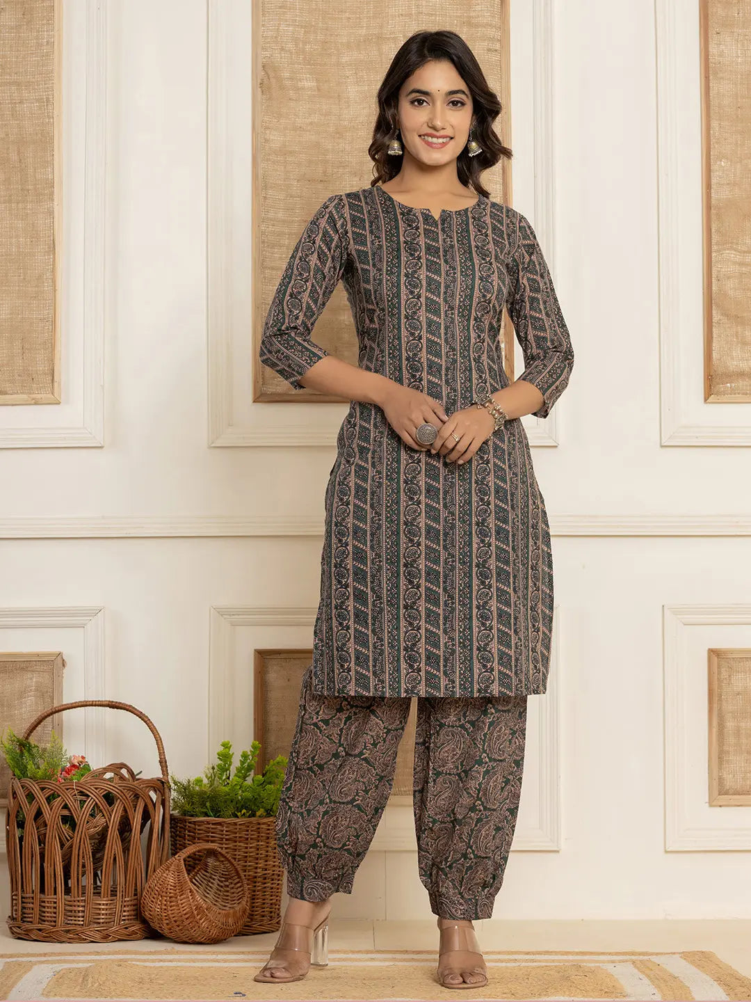 Yufta Cotton Teal Green Workwear Kurta Set With Comfortable Harem Pants