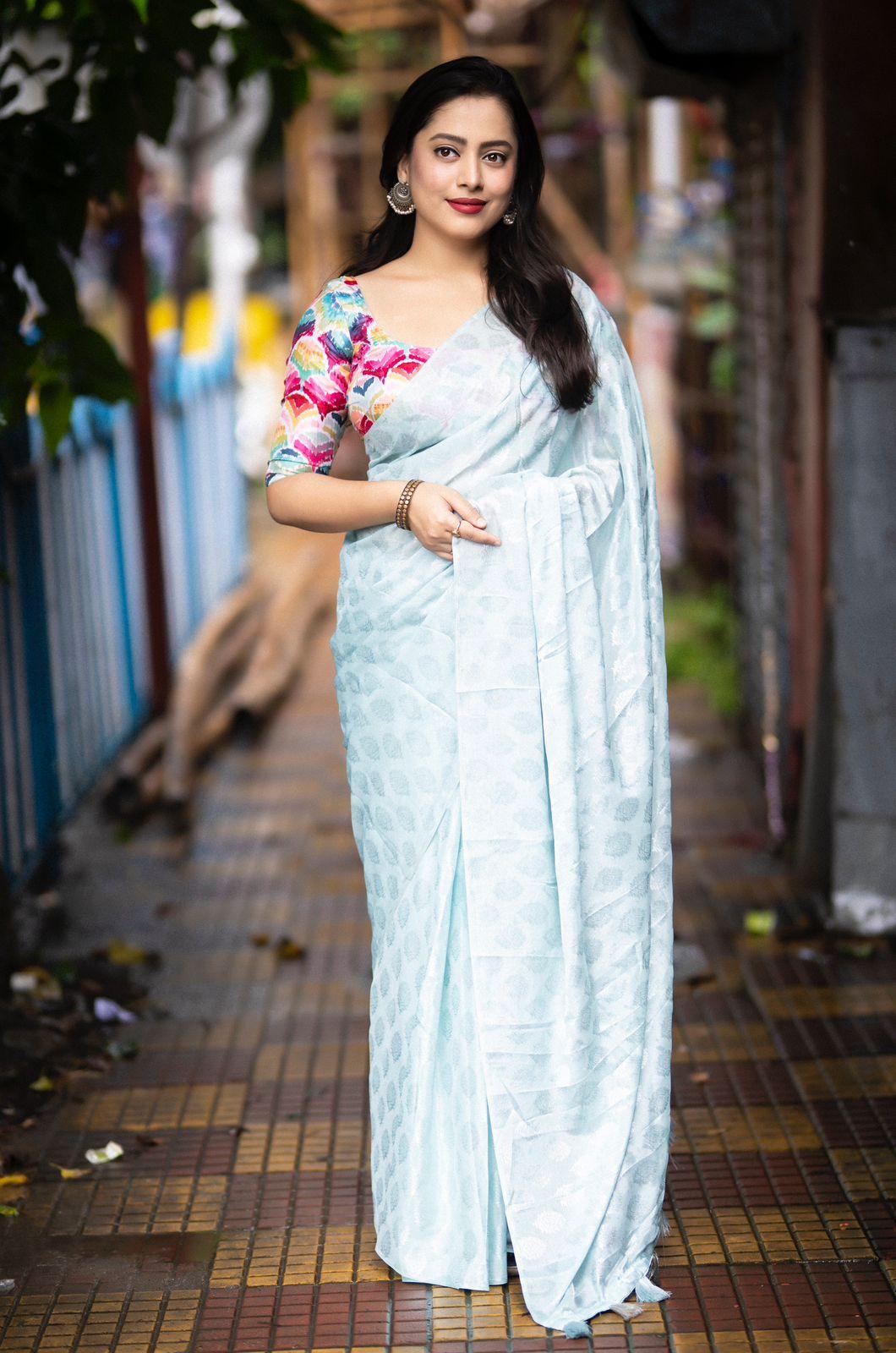 Blue Poly Crepe Ethnic Motifs Saree with Unstitched Blouse - A2M - Distacart