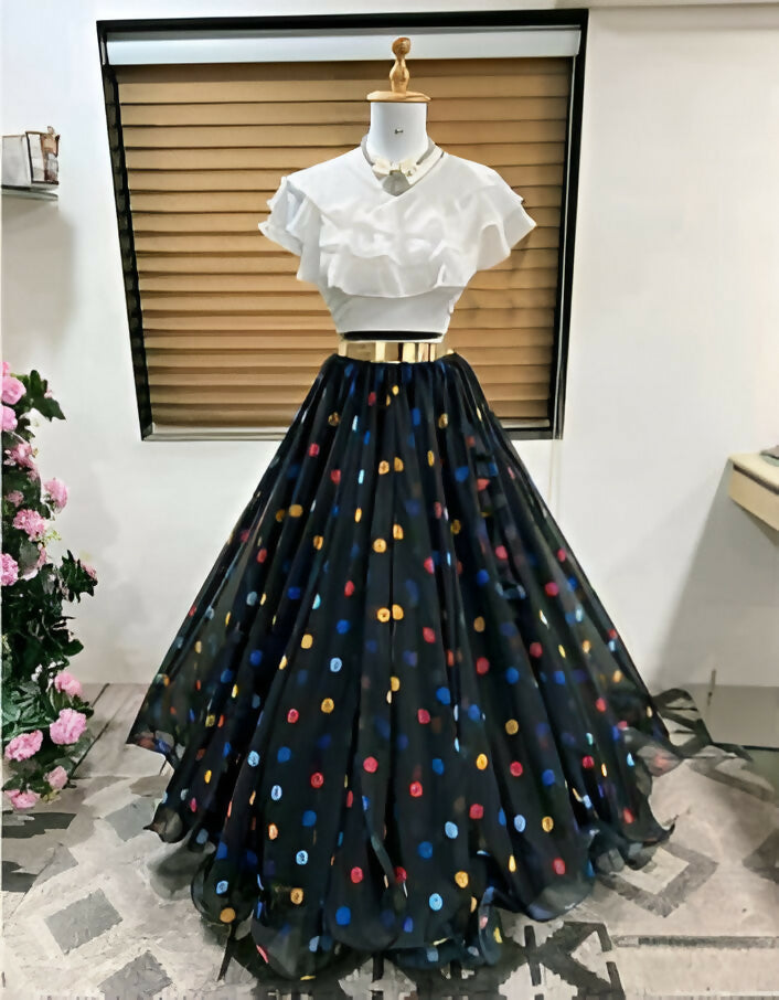 Dishitha Creation Color Dot Printed Stitched Lehenga & Crop Top - White & Black - Distacart