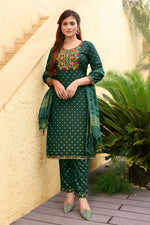 Thumbnail for Jyoti Fashion Women's Bottle Green 14KG Rayon Foil Print with Embroidery Kurta Set - Distacart
