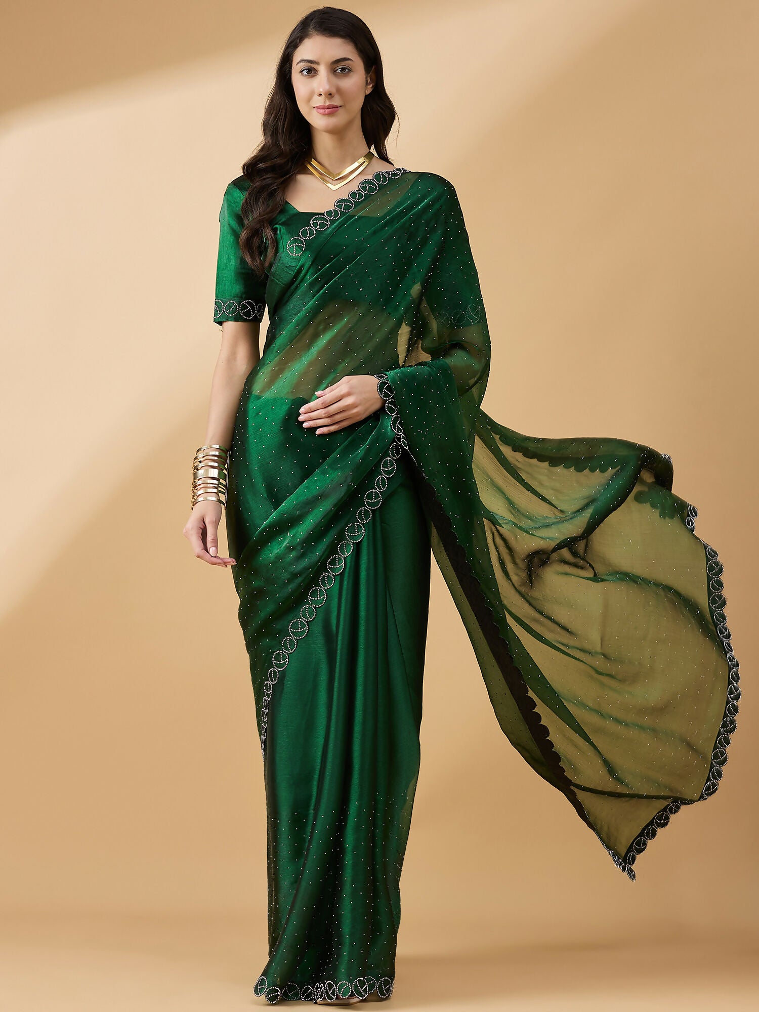 Green Organza Swaroski Diamond Work Saree with Unstitched Blouse - Radha - Distacart