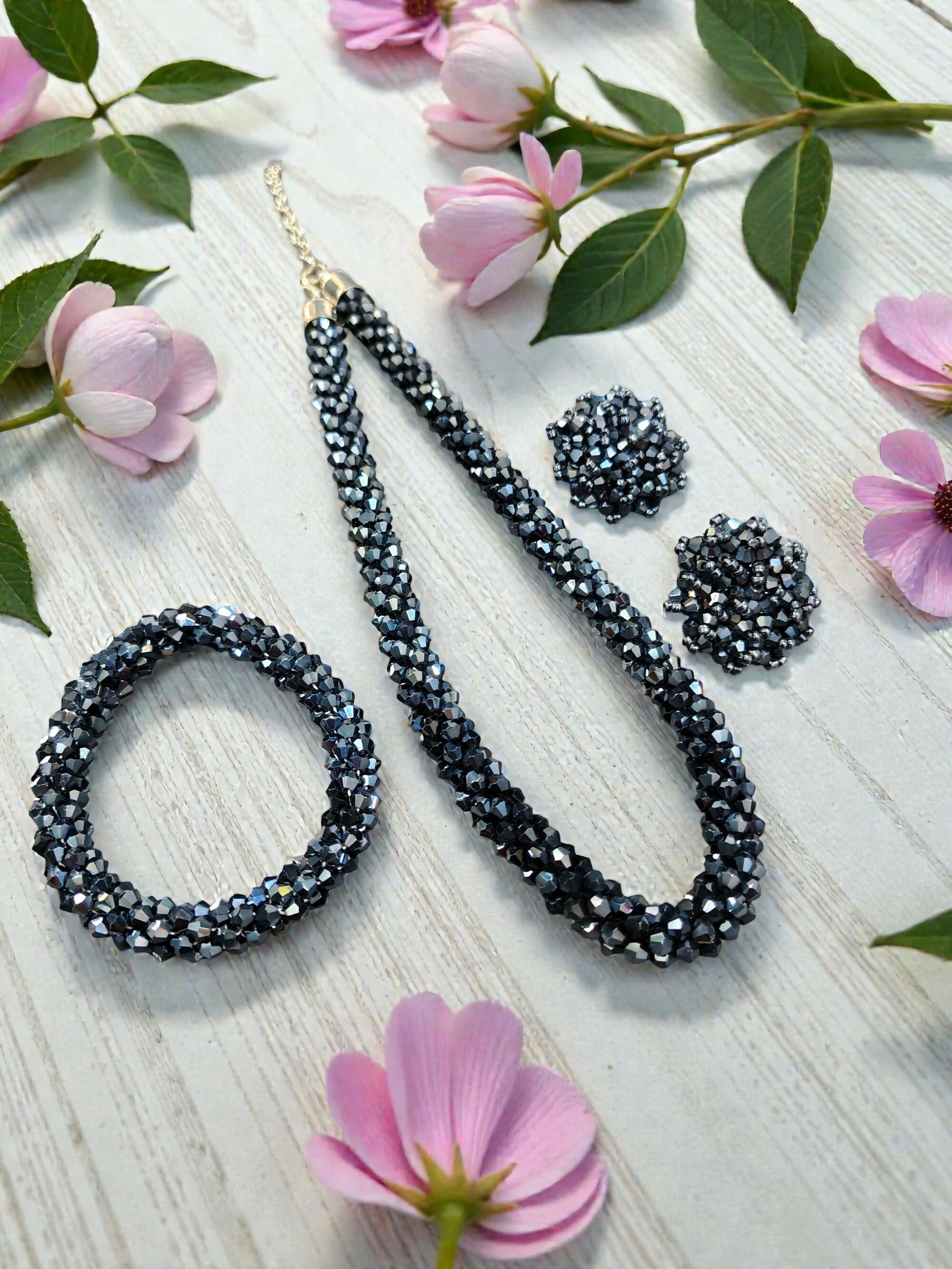 Inhanns Complete Look Crystal Statement 3-Piece Set (Adjustable Necklace + Earrings + Adjustable Bangle ) - Navy Blue - Distacart