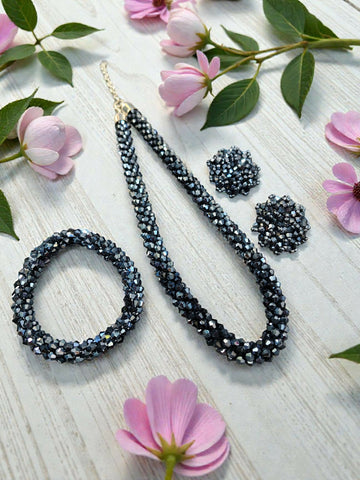 Inhanns Complete Look Crystal Statement 3-Piece Set (Adjustable Necklace + Earrings + Adjustable Bangle ) - Navy Blue - Distacart