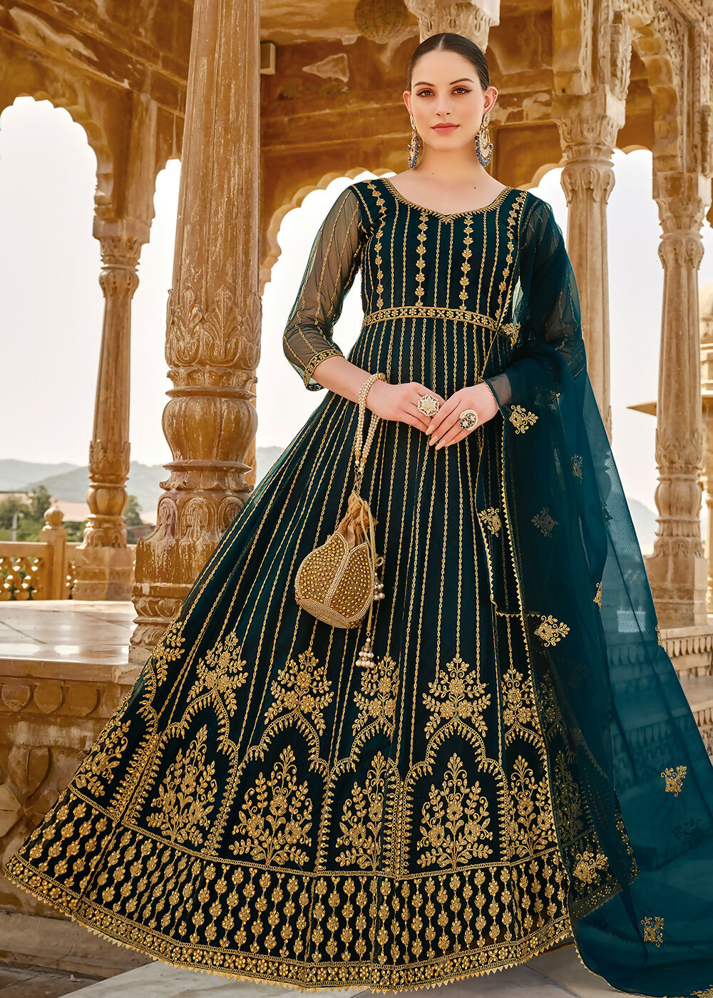 Heavy Stone Embroidered Peacock Blue Designer Anarkali Suit - Emponline - Distacart
