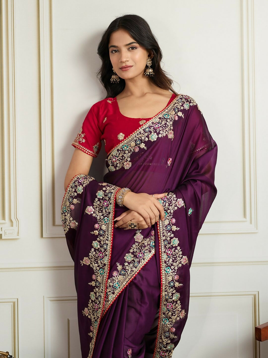 Ai Fashion Wine Rangoli Silk Embroidery Party Wear Saree