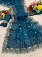 Thumbnail for Divine Drape Fendi Satin Embroidered Saree With Unstitched Blouse Piece - Teal