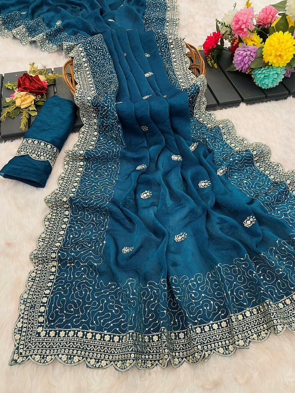 Divine Drape Fendi Satin Embroidered Saree With Unstitched Blouse Piece - Teal