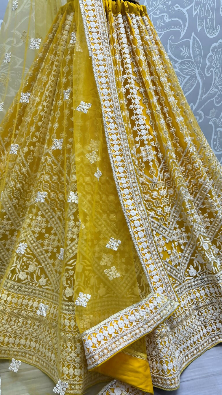 Jyoti Fashion Women's Yellow Net Patterned Thread Embroidered with Sequins Wedding Lehenga Choli - Distacart