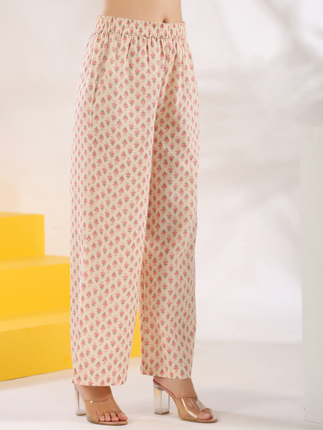 Yufta Cream And Pink Pure Cotton Floral Print A-Line Kurta Trouser Set - Distacart
