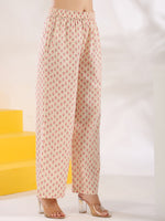 Thumbnail for Yufta Cream And Pink Pure Cotton Floral Print A-Line Kurta Trouser Set - Distacart